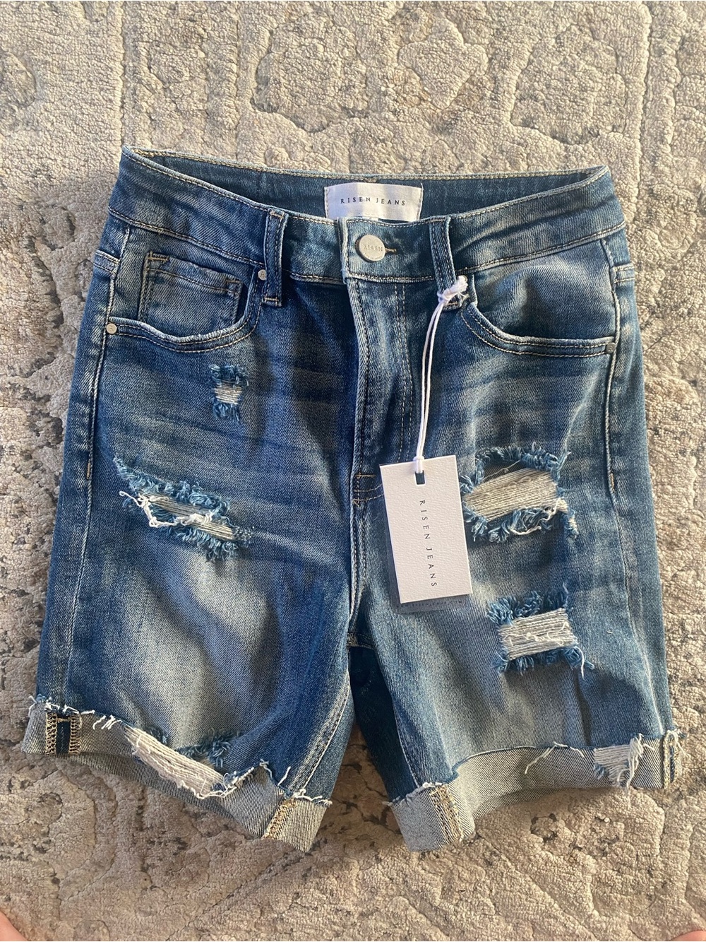 Risen Jeans Women's Distressed Rolled Hem Denim Shorts - Blue